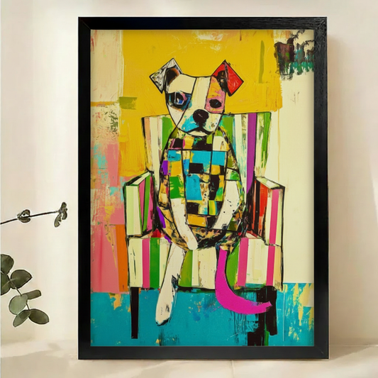 Colorful Abstract Dog on Chair Wall Art – Vibrant Neo-Expressionist Canvas Print on Natural Wood Frame | W2098
