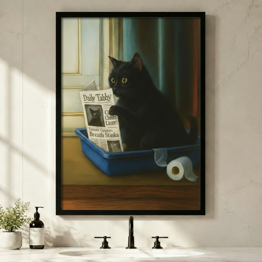 Funny black cat reading Daily Tabby newspaper in litter box — framed canvas wall art print in classical oil painting style