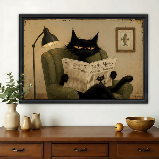 Black Cat Reading Daily Mews Wall Art – Vintage Humour Cat Canvas Print on Natural Wood Frame | W2329