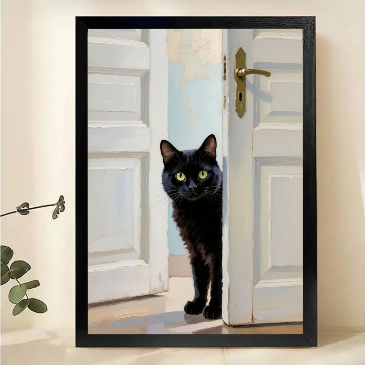 Black Cat Peeking Through Open Door Wall Art - Realistic Oil Painting Canvas Print|W1408