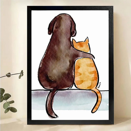 Dog and Cat Friends Wall Art - Watercolor Friendship Print|W1272