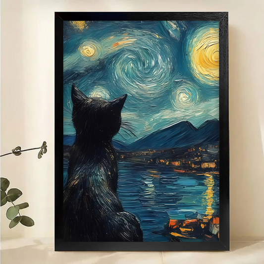Starry Night Cat Canvas Wall Art - Van Gogh Inspired Black Cat Silhouette Print|W1152