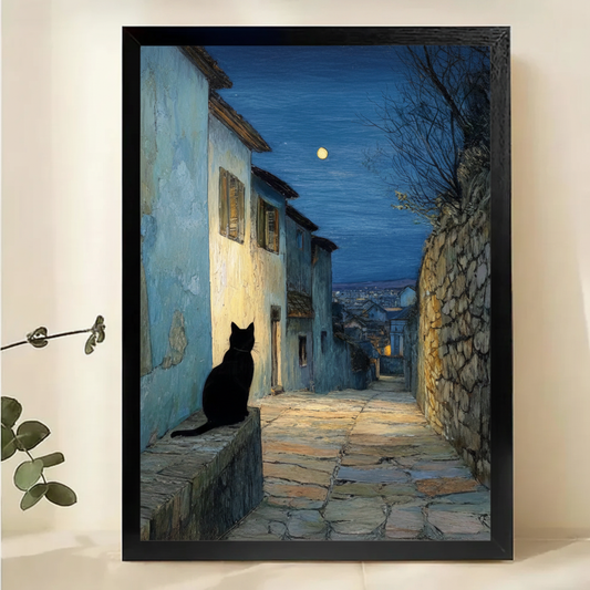 Black Cat on a Mediterranean Alley Wall Art – Moonlit Oil Painting Canvas Print on Natural Wood Frame | W2172