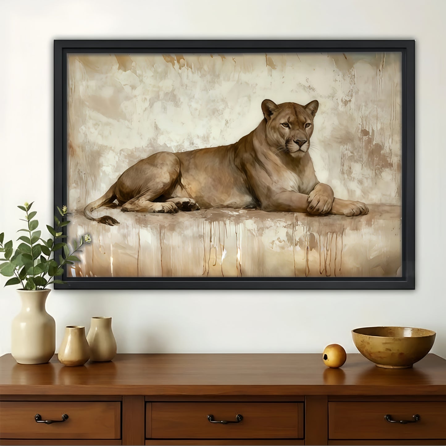 Resting Lioness Watercolor Canvas Art - Elegant Safari Wall Decor|W1175