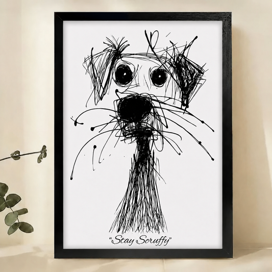 Stay Scruffy Dog Wall Art – Expressive Ink Sketch Canvas Print on Natural Wood Frame | W2264