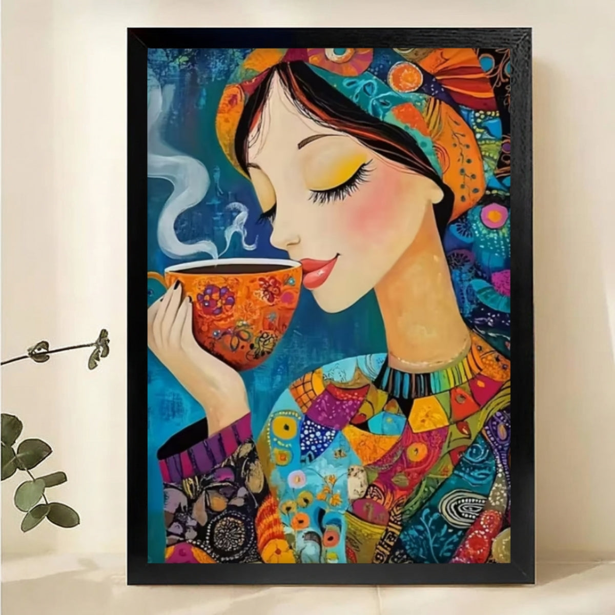 Colorful Woman with Coffee Canvas Print - Whimsical Modern Wall Art|W1121