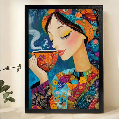 Colorful Woman with Coffee Canvas Print - Whimsical Modern Wall Art|W1121