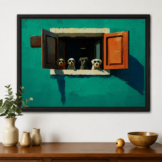 Four Dogs in Sunglasses Wall Art – Funny Bold Canvas Print on Natural Wood Frame | W2253