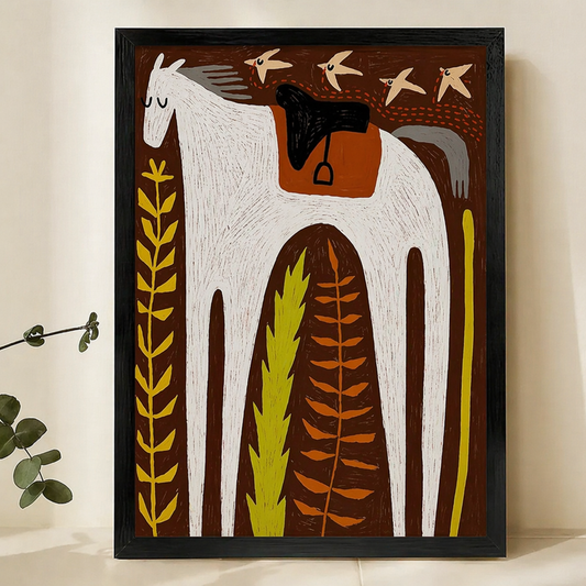 White Horse with Ferns & Swallows Wall Art – Scandinavian Folk Art Canvas Print on Natural Wood Frame | W2161