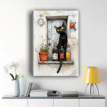 Black Cat by Vintage Door with Wine Bottles Wall Art - Rustic Canvas Print|W1345