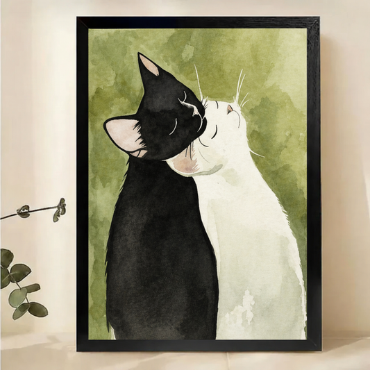Black & White Cats in Love Wall Art – Romantic Watercolor Canvas Print on Natural Wood Frame | W2157
