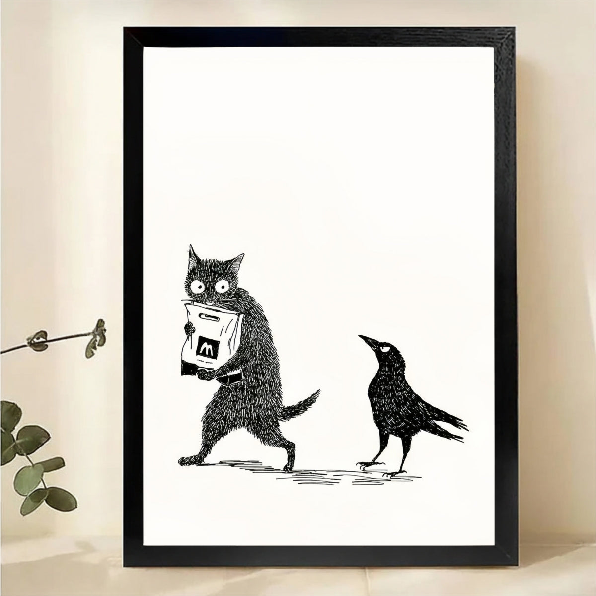 Cat Stealing Food from Crow Wall Art - Funny Animal Print|W1243