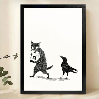 Cat Stealing Food from Crow Wall Art - Funny Animal Print|W1243