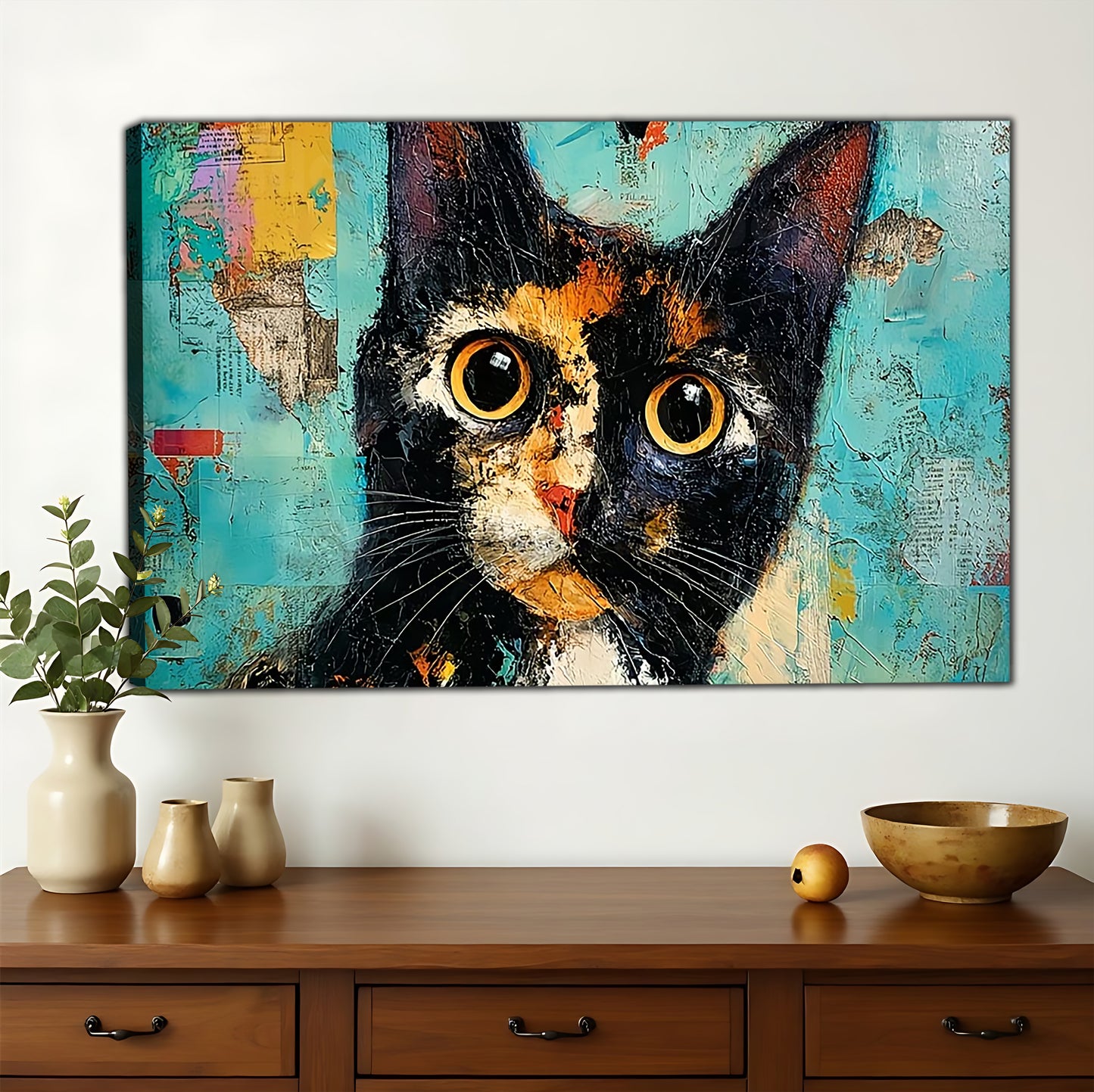Abstract Tortoiseshell Cat – Vibrant Textured Wall Art on Natural Wood Canvas | W770