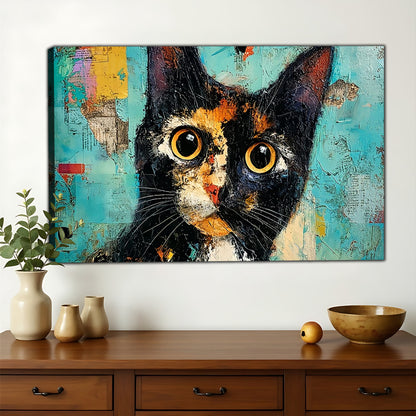 Abstract Tortoiseshell Cat – Vibrant Textured Wall Art on Natural Wood Canvas | W770