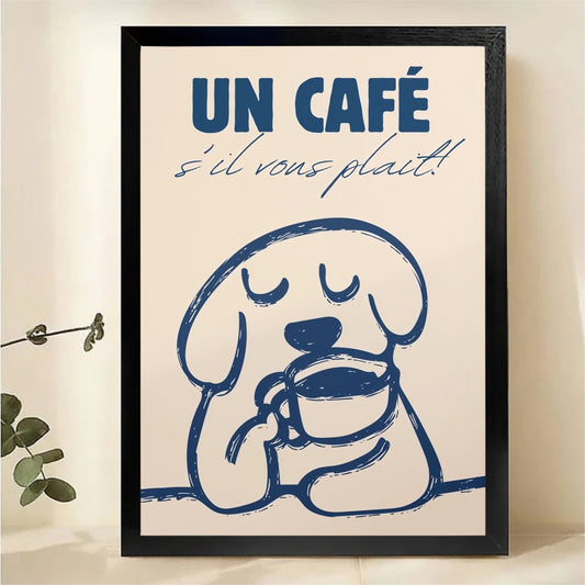 French Coffee Dog Wall Art - Minimalist Line Drawing Print|W1312