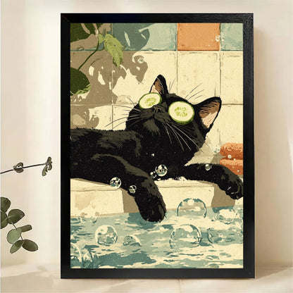 Black Cat Spa Day with Cucumber Eyes in Bubble Bath Wall Art - Funny Canvas Print|W1413