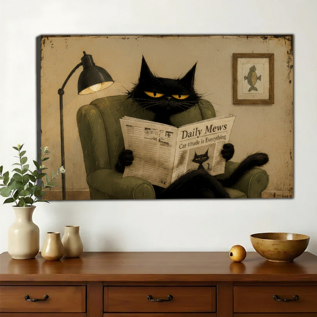Black Cat Reading Daily Mews Wall Art – Vintage Humour Cat Canvas Print on Natural Wood Frame | W2329