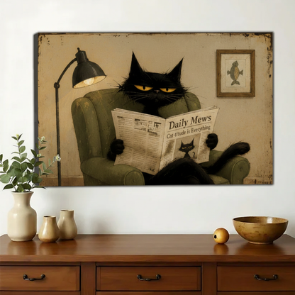 Black Cat Reading Daily Mews Wall Art – Vintage Humour Cat Canvas Print on Natural Wood Frame | W2329