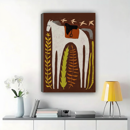 White Horse with Ferns & Swallows Wall Art – Scandinavian Folk Art Canvas Print on Natural Wood Frame | W2161