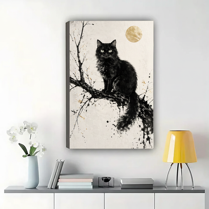 Black Cat Under Gold Moon Wall Art – Luxury Minimalist Ink Art Canvas Print on Natural Wood Frame | W2192