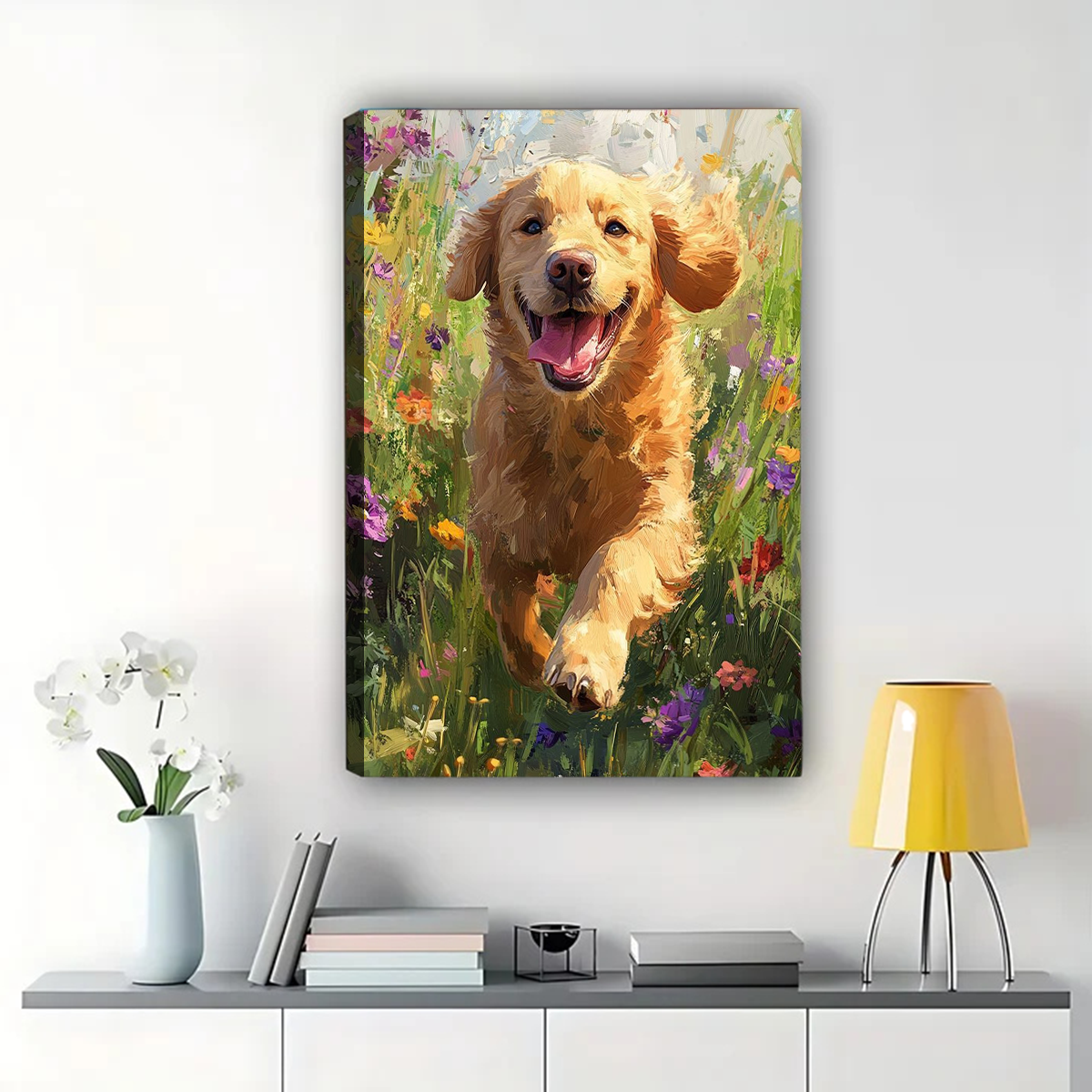 Golden Retriever in Wildflowers Wall Art - Joyful Garden Print|W1285