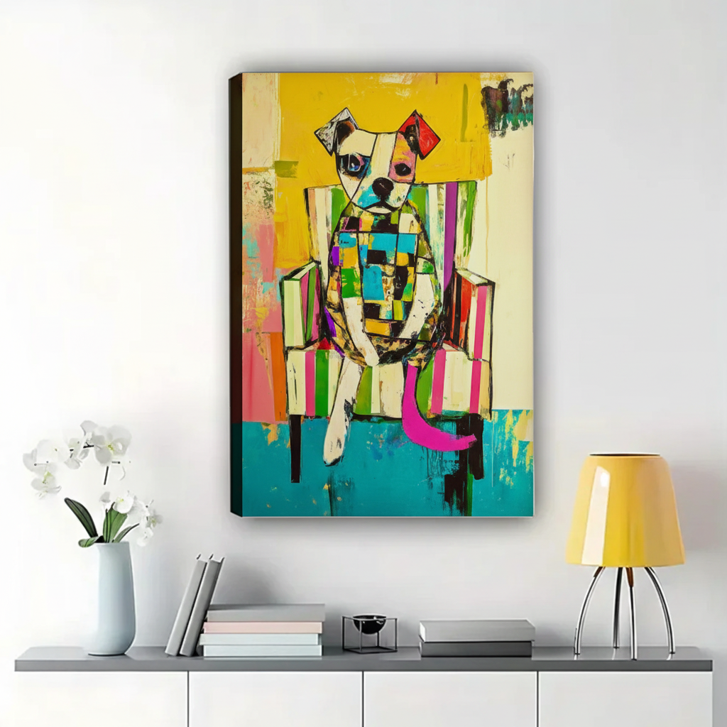 Colorful Abstract Dog on Chair Wall Art – Vibrant Neo-Expressionist Canvas Print on Natural Wood Frame | W2098