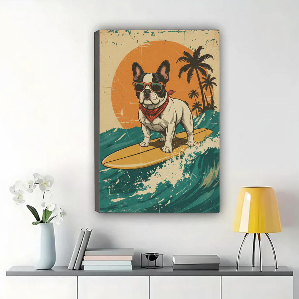 Surfing French Bulldog Wall Art – Retro Vintage Dog Canvas Print on Natural Wood Frame | W2245