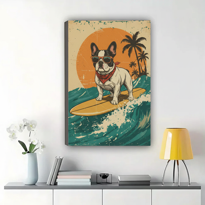 Surfing French Bulldog Wall Art – Retro Vintage Dog Canvas Print on Natural Wood Frame | W2245