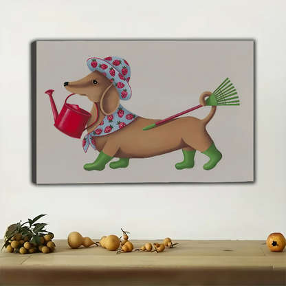 Dachshund Gardener Wall Art - Whimsical Garden Print|W1295