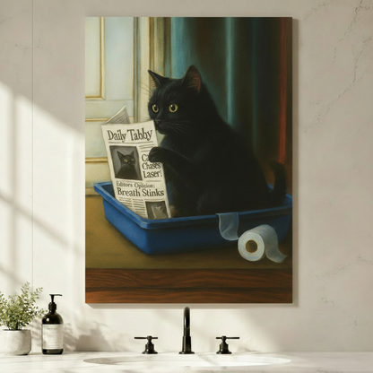 Black cat newspaper litter box humorous canvas print — gallery-wrapped stretched canvas wall decor for cat lovers.