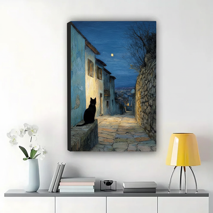 Black Cat on a Mediterranean Alley Wall Art – Moonlit Oil Painting Canvas Print on Natural Wood Frame | W2172