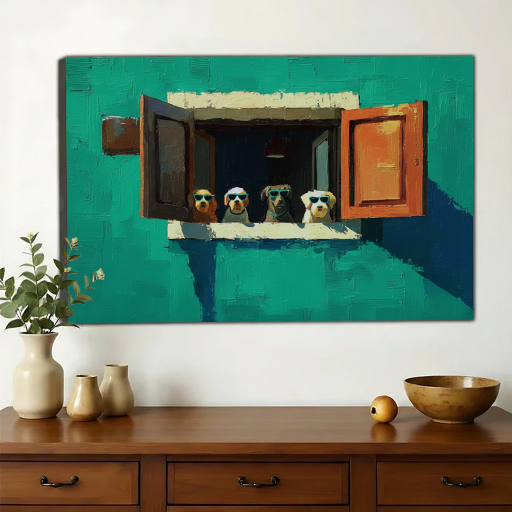 Four Dogs in Sunglasses Wall Art – Funny Bold Canvas Print on Natural Wood Frame | W2253