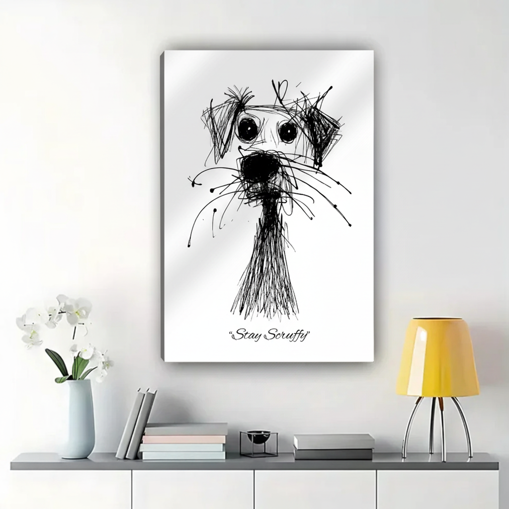 Stay Scruffy Dog Wall Art – Expressive Ink Sketch Canvas Print on Natural Wood Frame | W2264