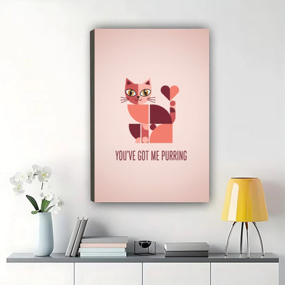 Romantic “You've Got Me Purring” Cat Couple Illustration – Soft Pink Wall Art on Natural Wood Canvas | W682