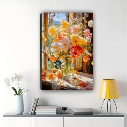 Window Floral Vase Canvas Art - Cottage Garden Wall Print|W1008