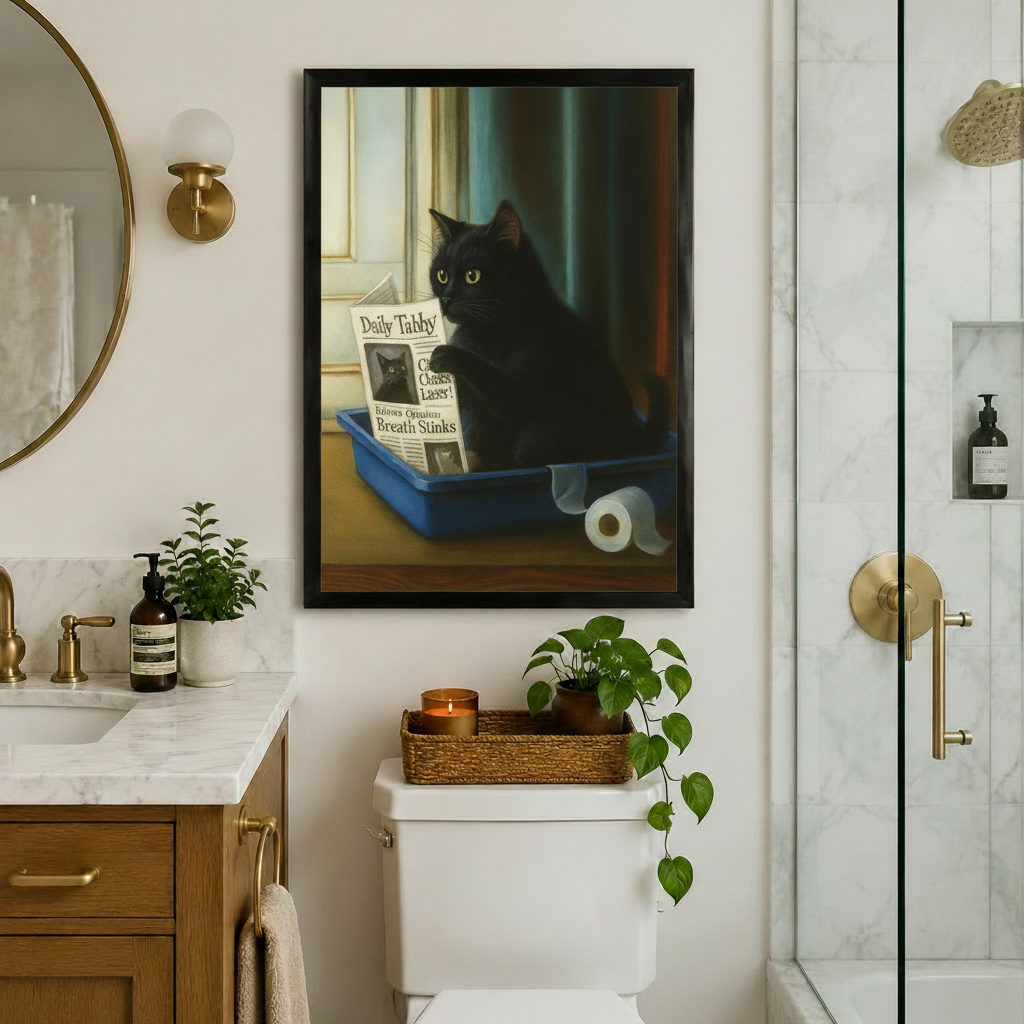 Classical oil painting style black cat litter box canvas print — premium gallery-grade wall art for cat enthusiasts