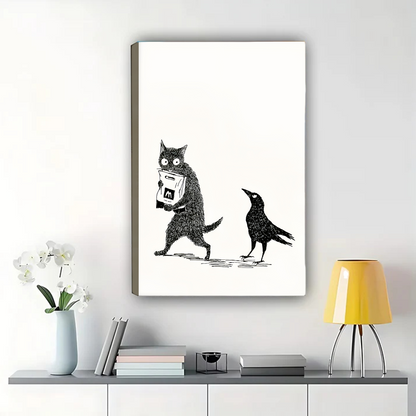 Cat Stealing Food from Crow Wall Art - Funny Animal Print|W1243