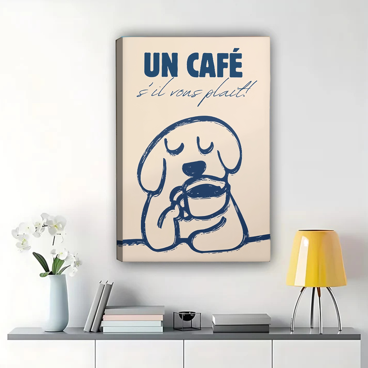 French Coffee Dog Wall Art - Minimalist Line Drawing Print|W1312