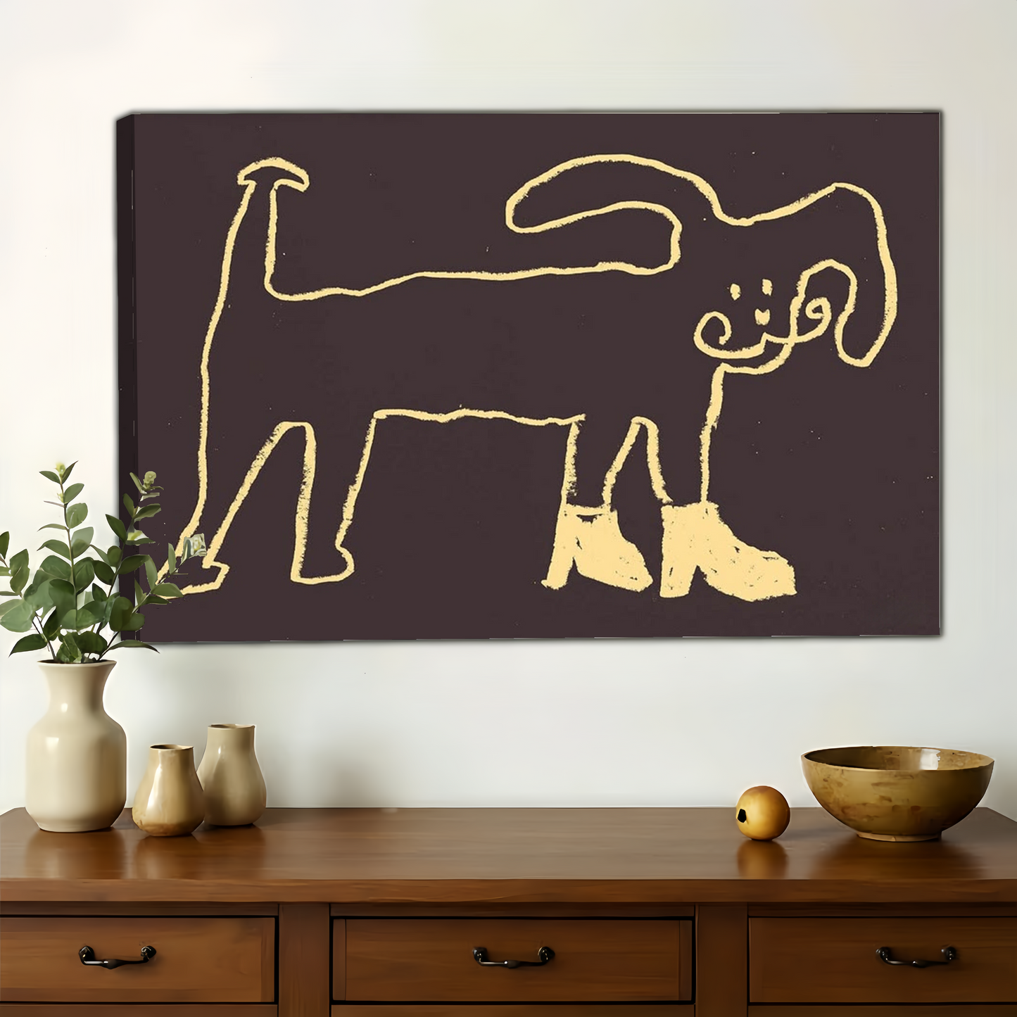 Dog in Boots Line Art Wall Art - Quirky Minimalist Gold Canvas Prin| W1453