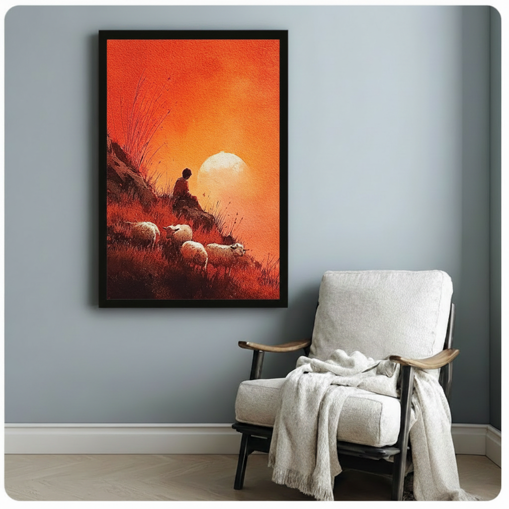Shepherd Sunset Hillside Sheep Canvas Wall Art w5248