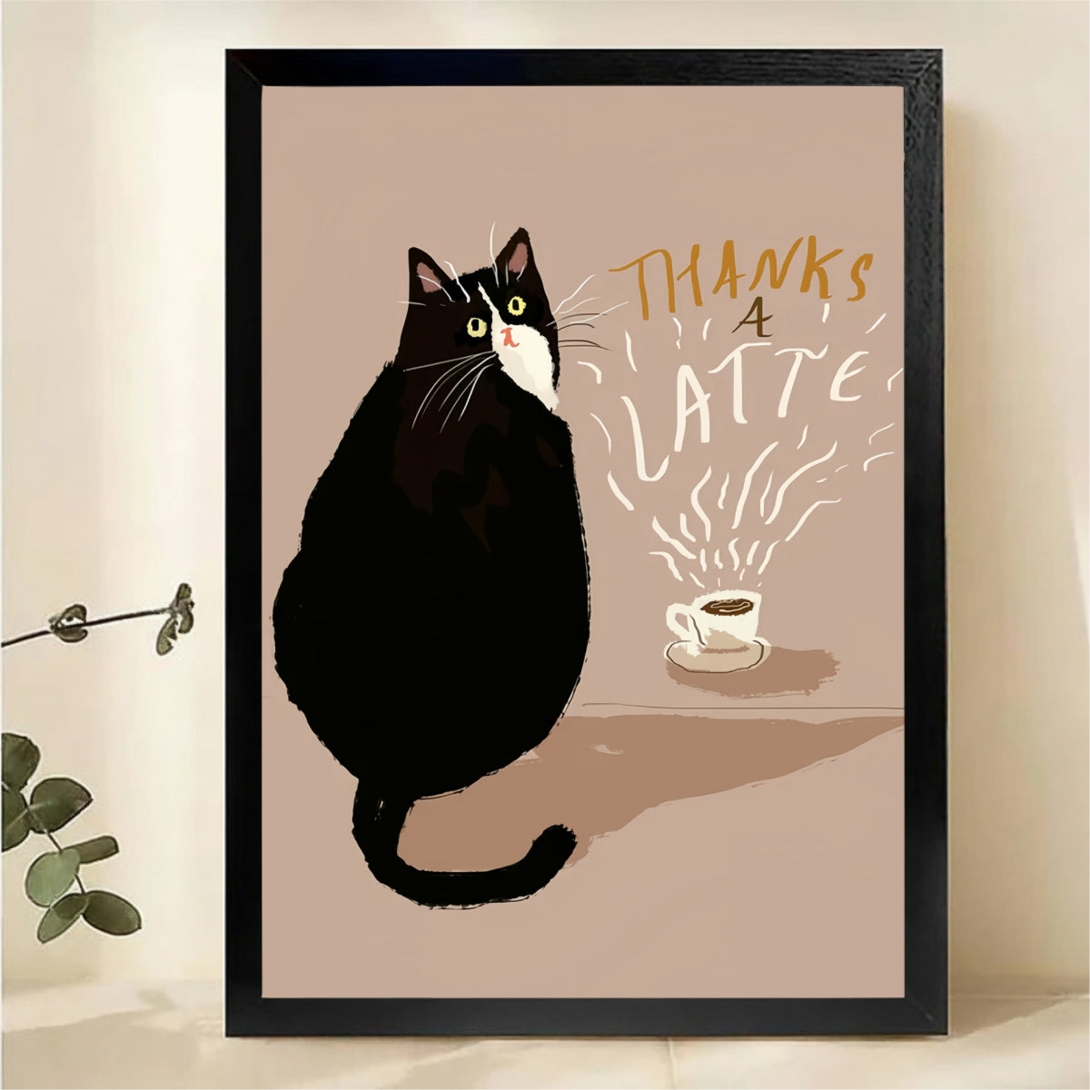 Thanks a Latte Tuxedo Cat Wall Art - Funny Coffee Cat Canvas Print|W1415