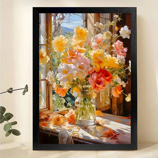 Window Floral Vase Canvas Art - Cottage Garden Wall Print|W1008