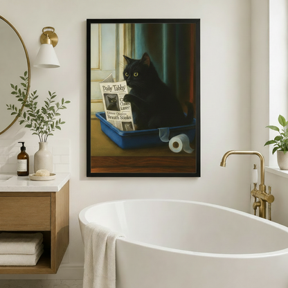 Close-up detail of black cat canvas art — readable Daily Tabby headline and toilet paper roll in oil painting style