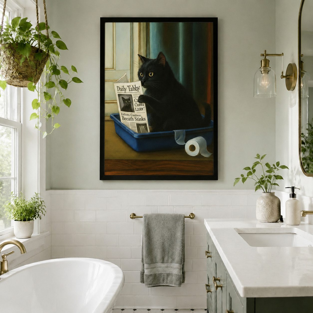 Black cat reading newspaper canvas wall art in modern room setting — humorous cat lover gift print with moody lighting