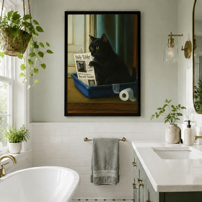 Black cat reading newspaper canvas wall art in modern room setting — humorous cat lover gift print with moody lighting