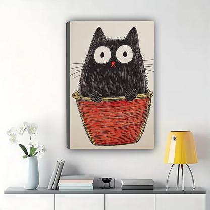 Fluffy Black Cat in Red Basket Wall Art - Quirky Sketch Canvas Print|W1386