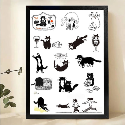 Black Cat Framed Wall Art - Whimsical Illustrated Cat Wall Art|W1222