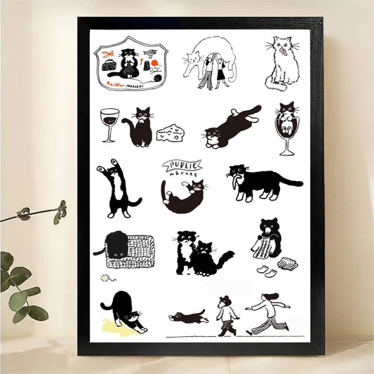 Black Cat Framed Wall Art - Whimsical Illustrated Cat Wall Art|W1222