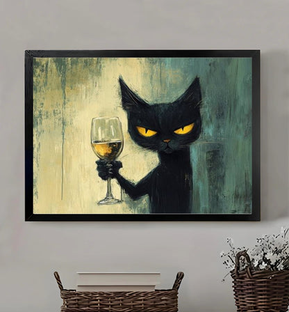 Cheers Black Cat – Vintage Cat Wall Art on Natural Wood Canvas | W296